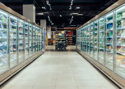 An aisle of a grocery store with shelves full of food.