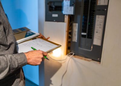 A man holding a clipboard in front of an electrical panel.