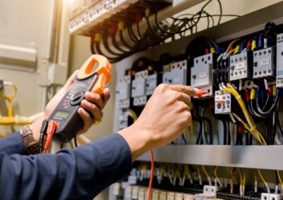 A man is using a multimeter on an electrical panel.