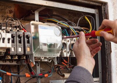 A man is fixing an electrical panel with a screwdriver.