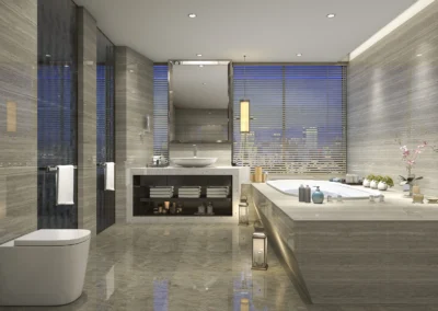 A bathroom with a bathtub and a sink.